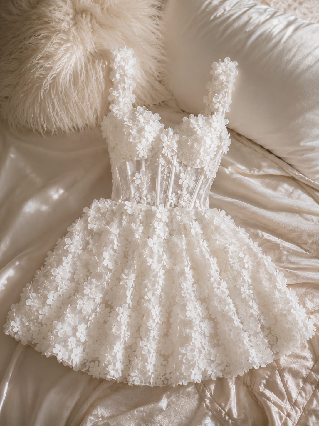 Vestido Mini Luxury Mira Mila – Flores 3D & Elegancia de Ensueño