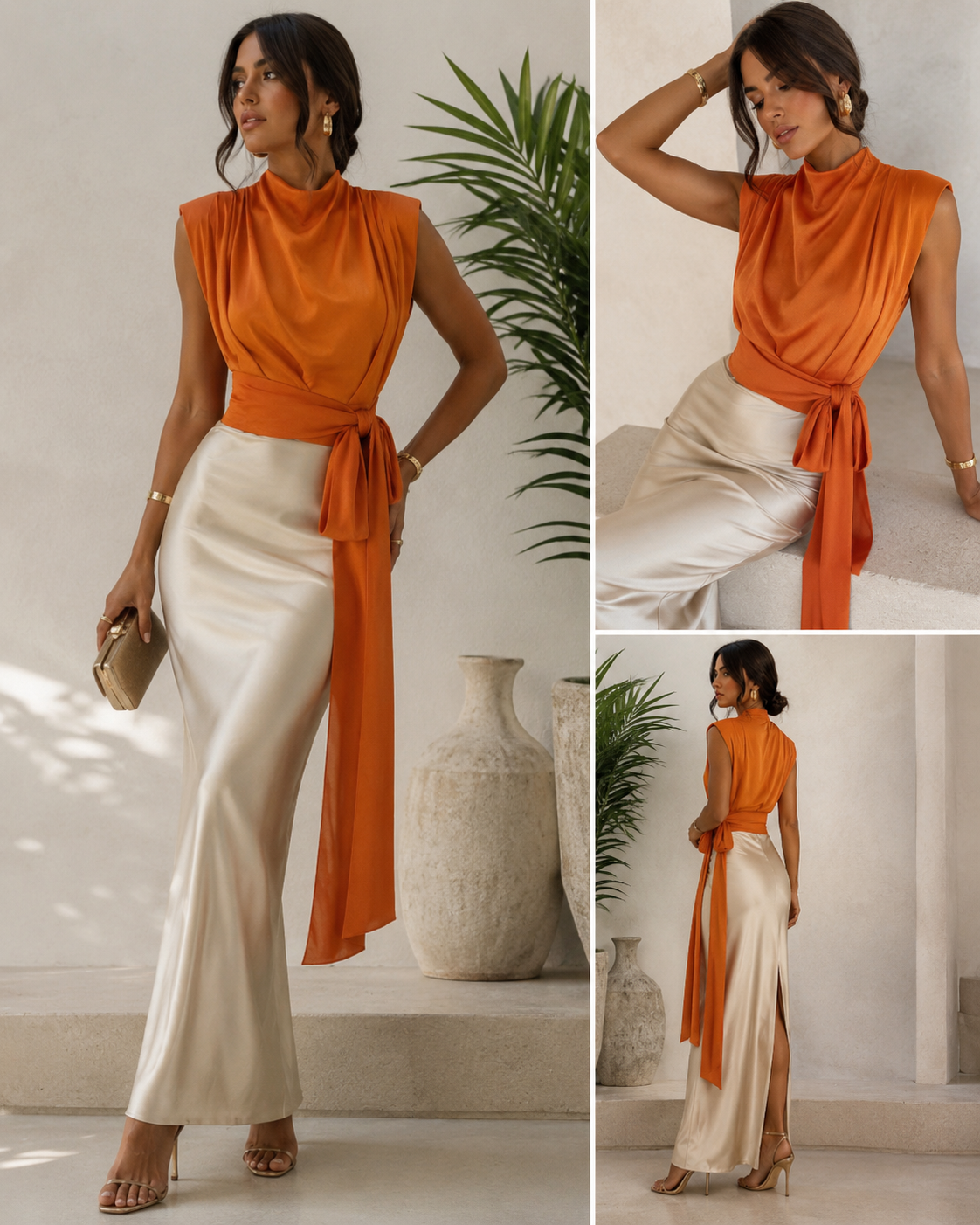 Blusa Satinada Elegante Sin Mangas con Lazo Largo