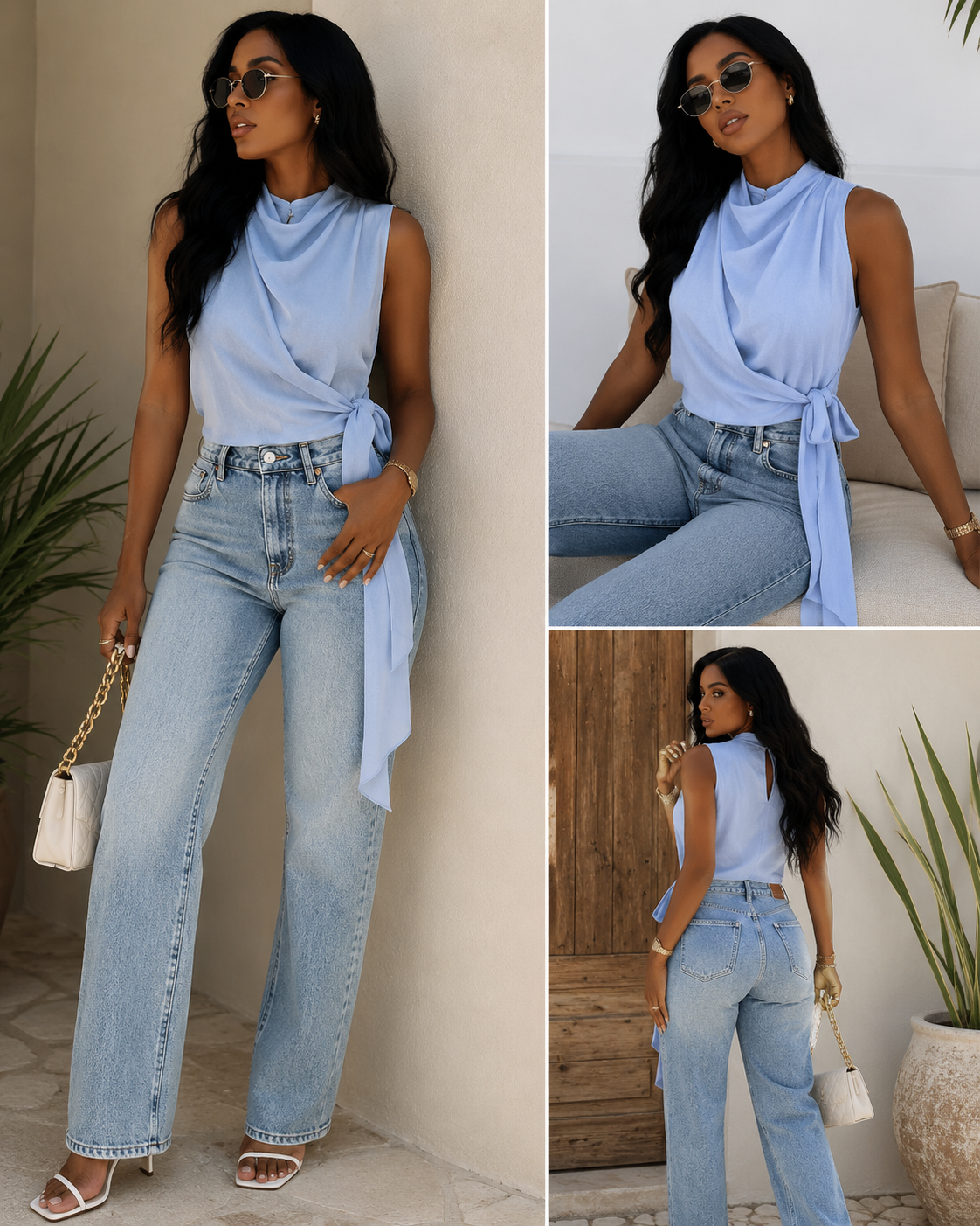 Blusa Satinada Elegante Sin Mangas con Lazo Largo