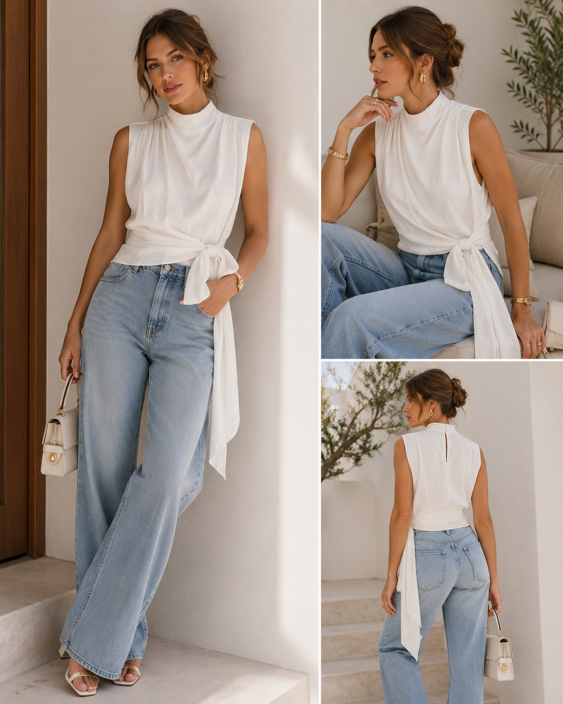 Blusa Satinada Elegante Sin Mangas con Lazo Largo