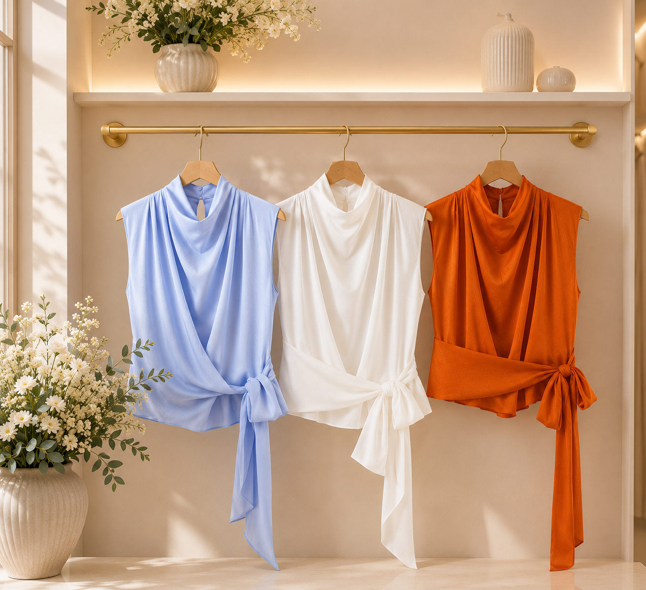 Blusa Satinada Elegante Sin Mangas con Lazo Largo