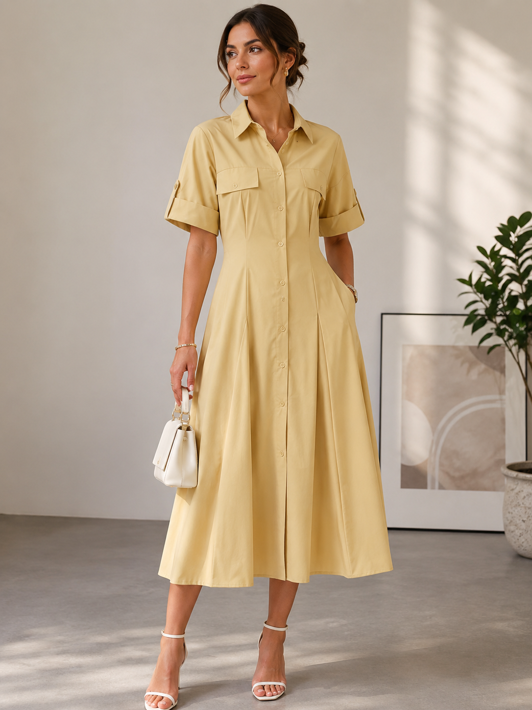 Vestido Largo Khaki Elegante para Mujer – Corte A-Line, Manga Corta y Cintura Ajustada | Moda Verano/Otoño 2026