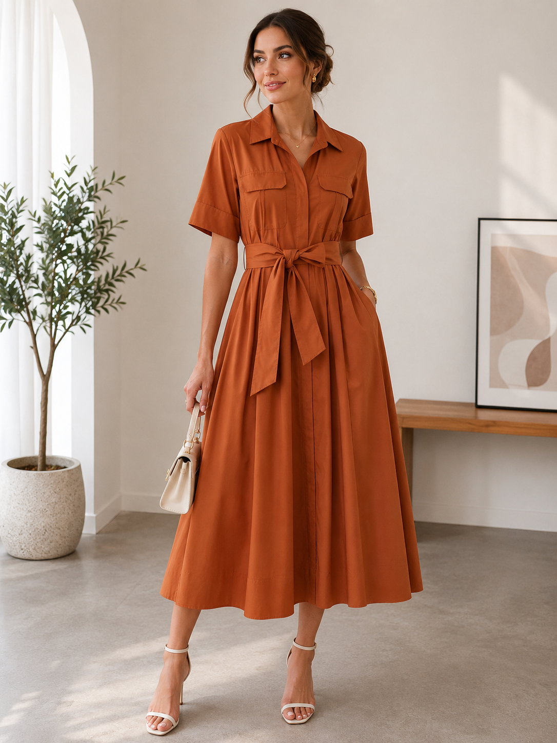 Vestido Largo Khaki Elegante para Mujer – Corte A-Line, Manga Corta y Cintura Ajustada | Moda Verano/Otoño 2026