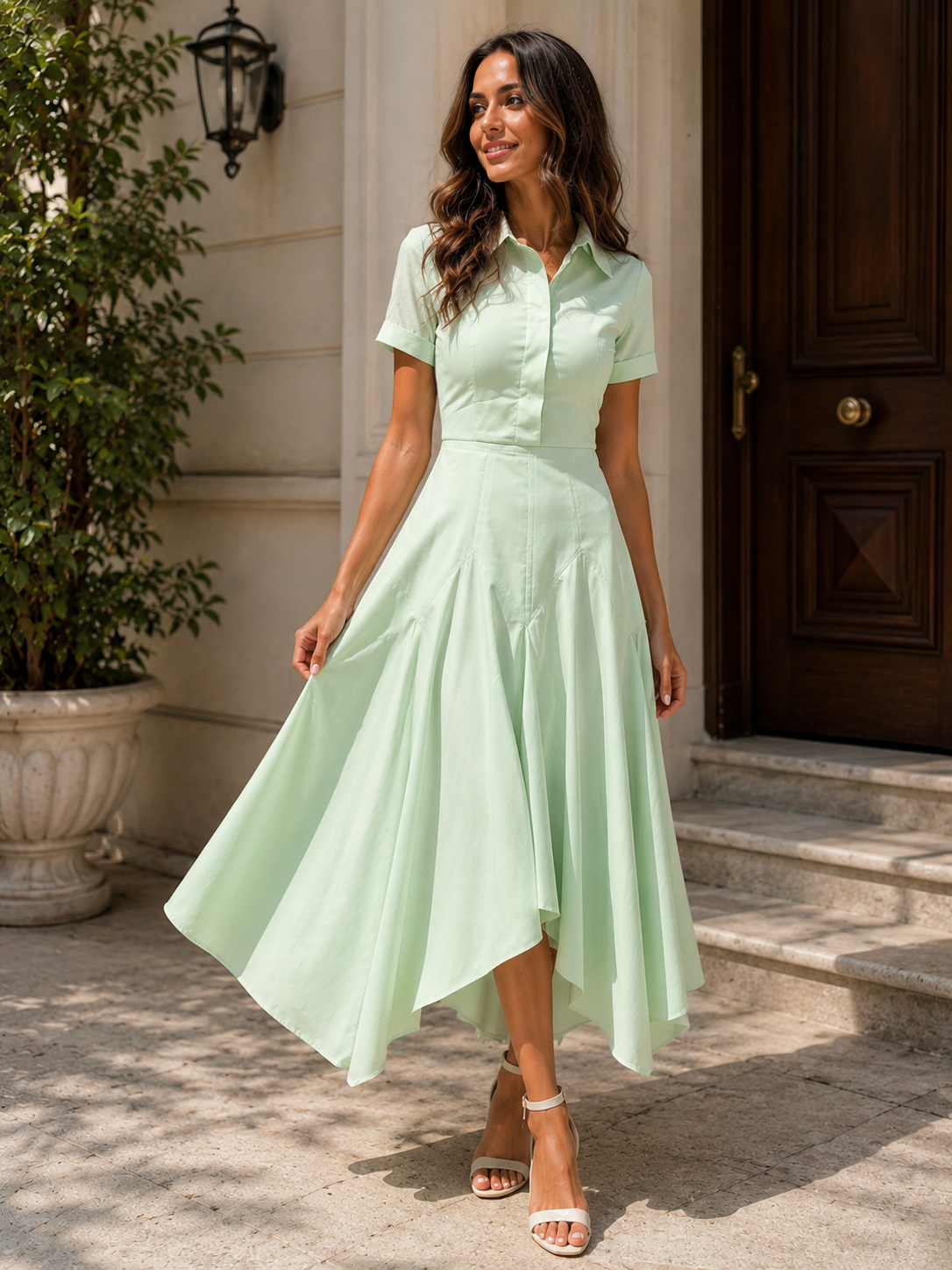 Vestido Largo Khaki Elegante para Mujer – Corte A-Line, Manga Corta y Cintura Ajustada | Moda Verano/Otoño 2026