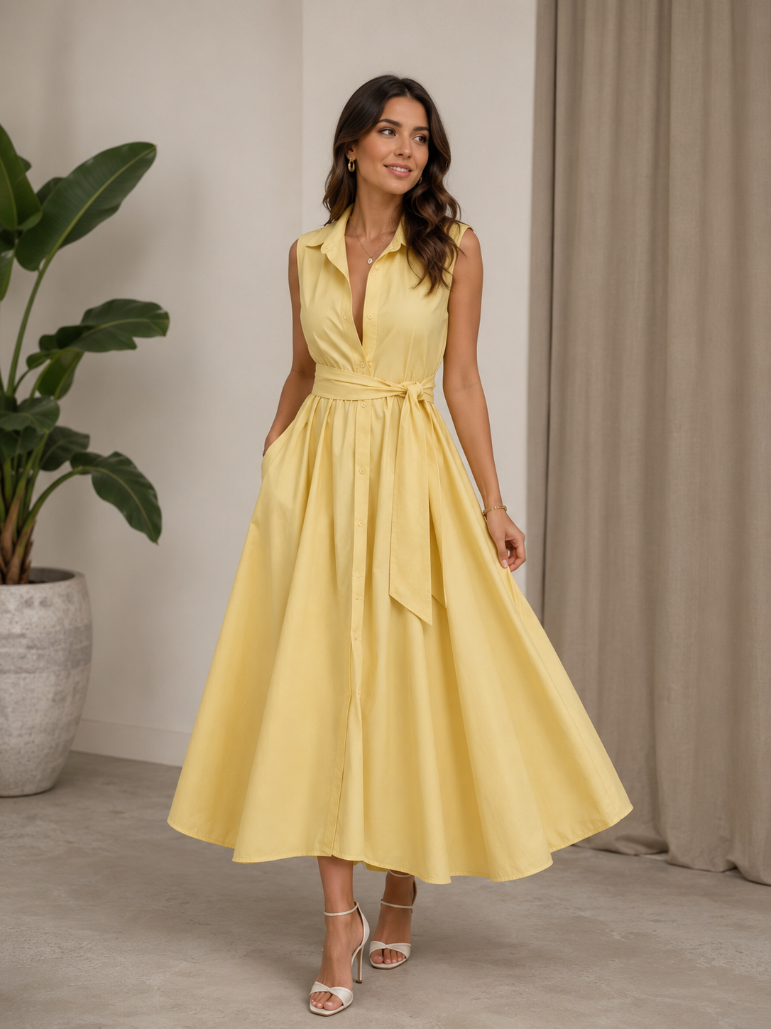 Vestido Largo Khaki Elegante para Mujer – Corte A-Line, Manga Corta y Cintura Ajustada | Moda Verano/Otoño 2026