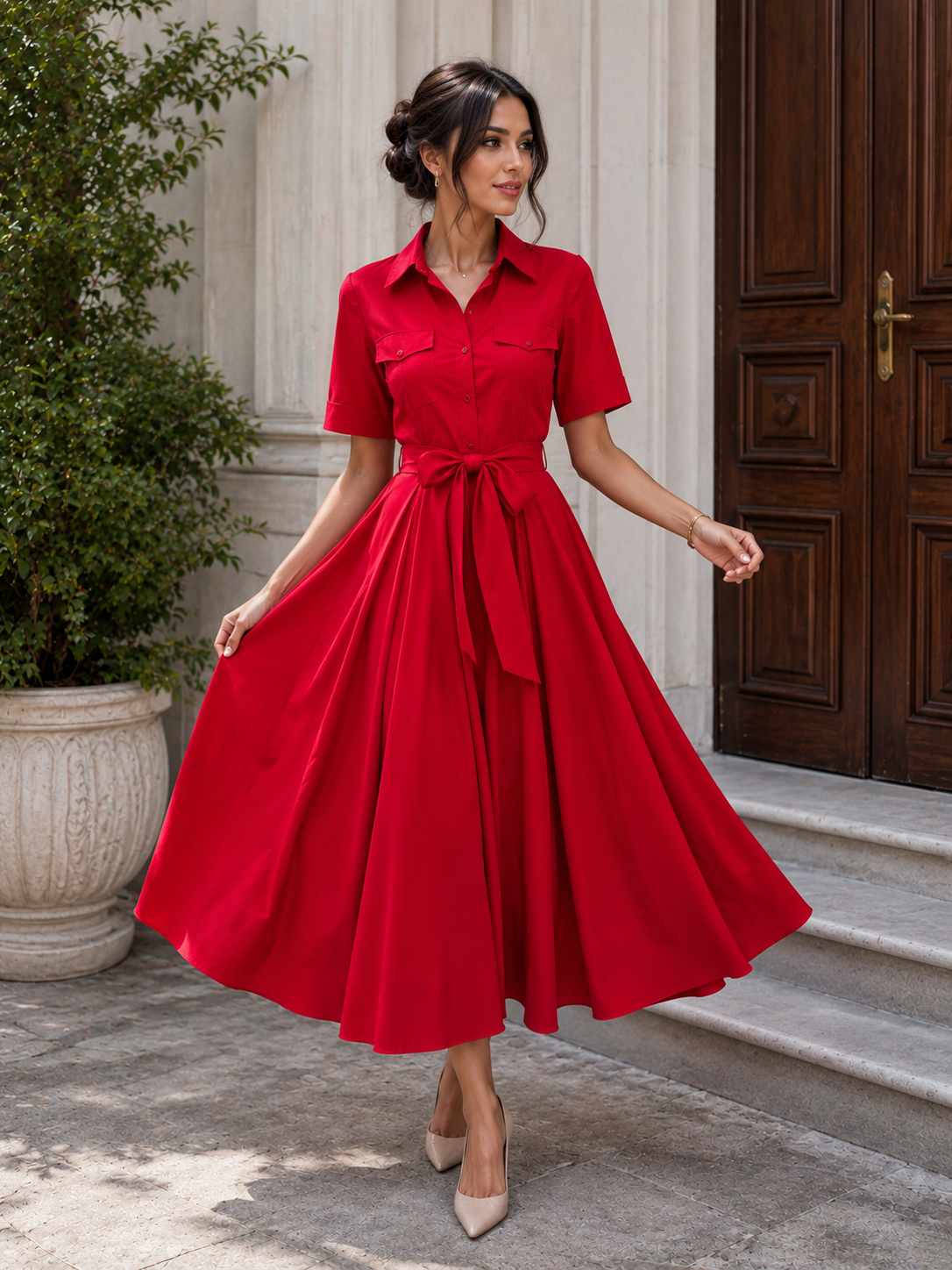 Vestido Largo Khaki Elegante para Mujer – Corte A-Line, Manga Corta y Cintura Ajustada | Moda Verano/Otoño 2026