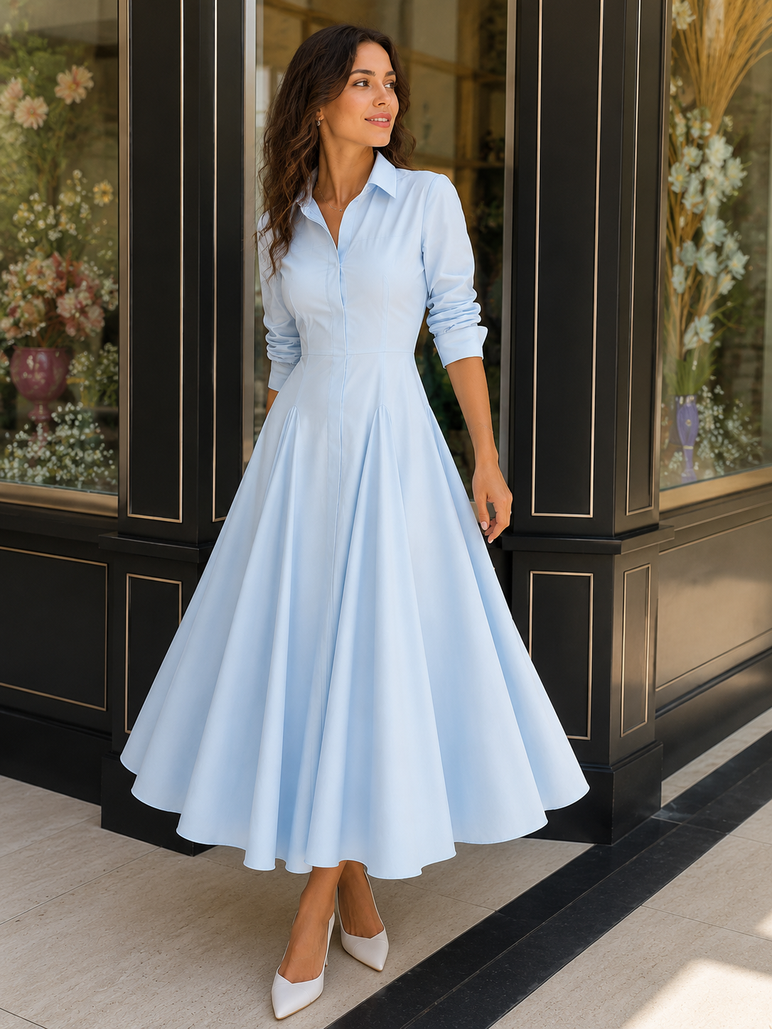 Vestido Largo Khaki Elegante para Mujer – Corte A-Line, Manga Corta y Cintura Ajustada | Moda Verano/Otoño 2026