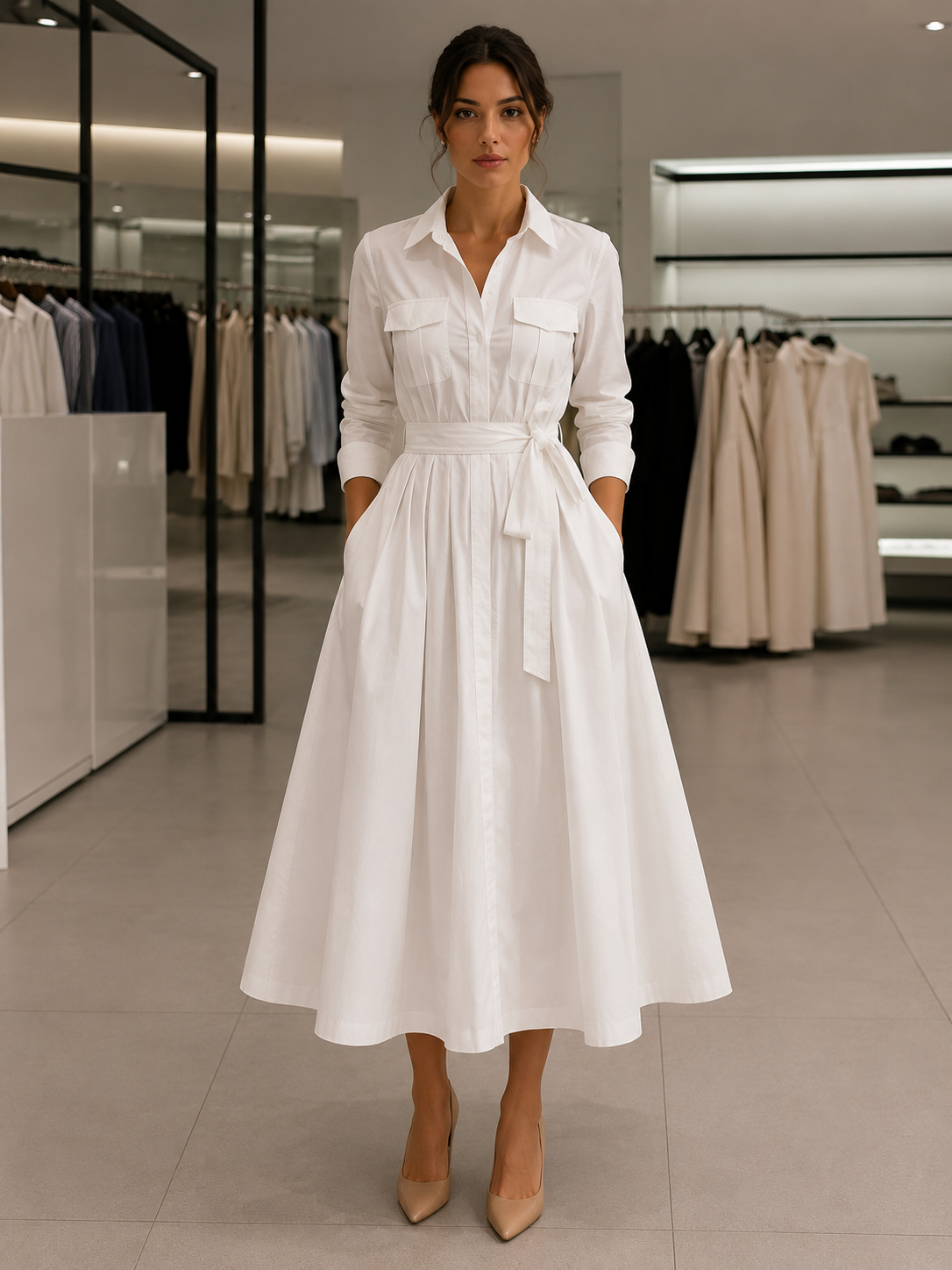 Vestido Largo Khaki Elegante para Mujer – Corte A-Line, Manga Corta y Cintura Ajustada | Moda Verano/Otoño 2026