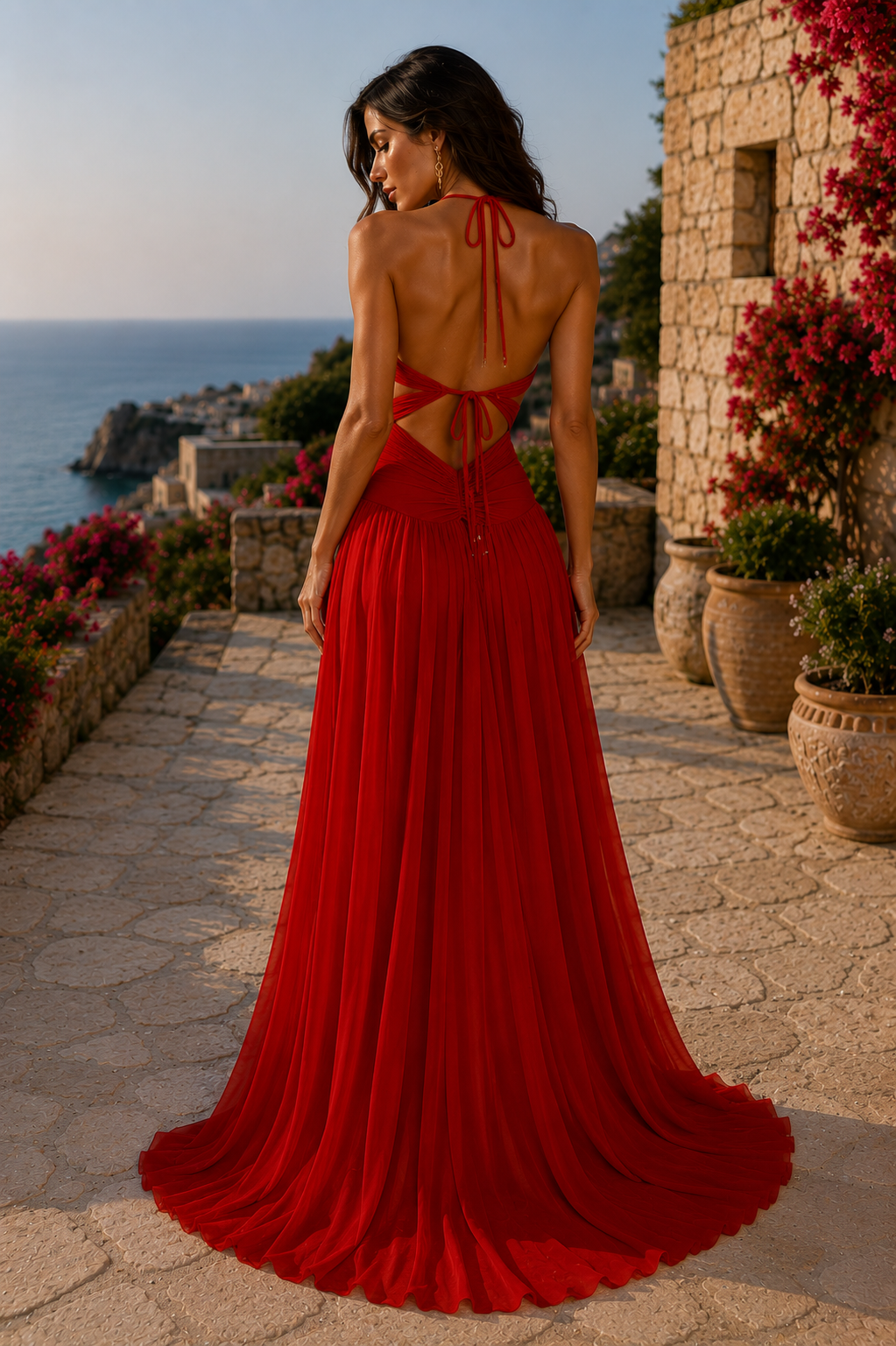 Vestido Largo Halter Metálico para Mujer – Espalda Descubierta, Plisado Elegante y Diseño Hollow Out para Playa y Vacaciones