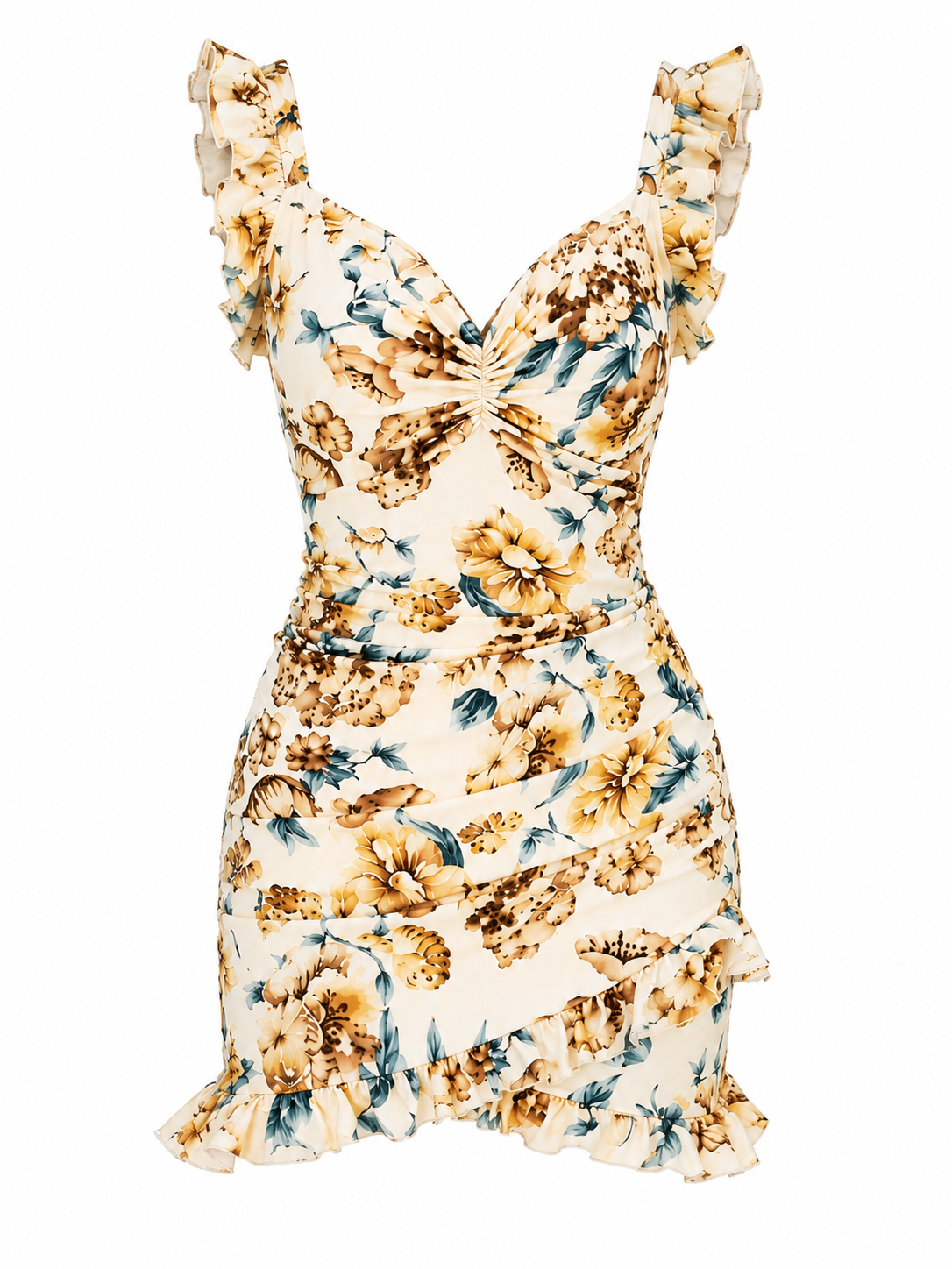 Vestido Floral Elegante Mira Mila – Diseño Bodycon con Escote V y Volantes Sofisticados para Mujeres Modernas