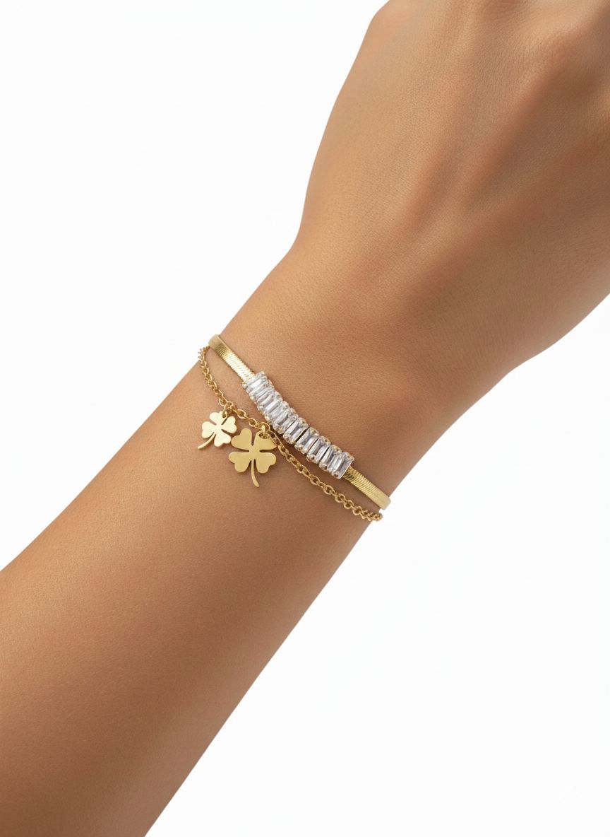 Pulsera Trébol Dorado con Cristales – Mira Mila