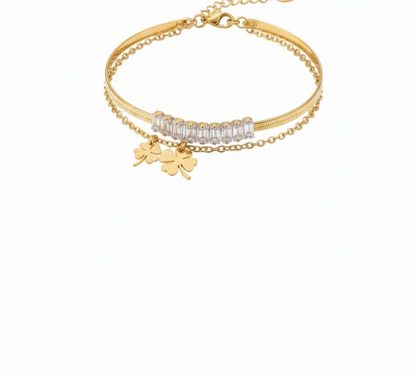 Pulsera Trébol Dorado con Cristales – Mira Mila