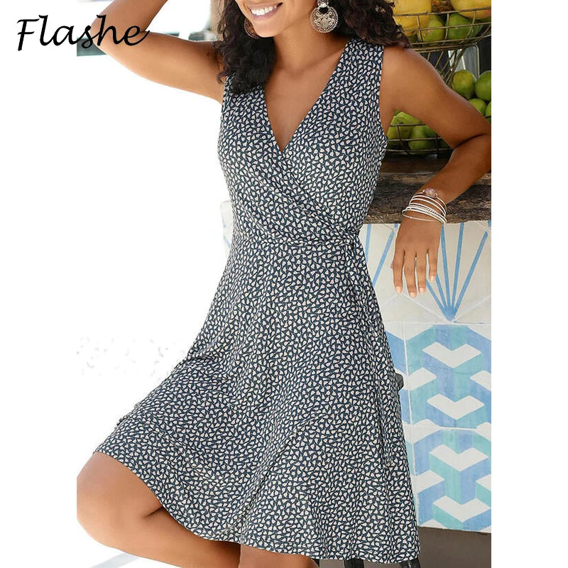 New Casual Polka Dot Dress Women V Neck Sleeveless Bandage Beach Dress Summer Bohemian Dresses For Women Clothes S-5XL