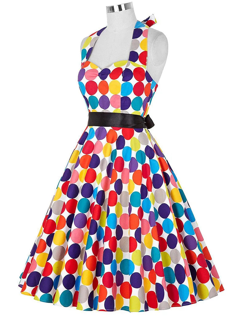 Summer Casual Dress Women  Polka Dot Retro Swing Gown Pin Up Robe Vintage 60s 50s Rockabilly Sundress