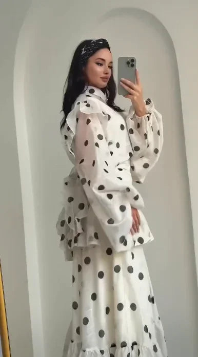 Women Casual Polka Dot Dress Chic Stand Collar Puff Sleeves See Through Ruffle Maxi Vestidos 2026 New Lady Vacation Party Wears