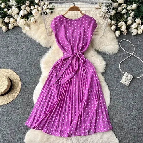 Neploe Summer Gentle Style French Retro Polka Dot Dress Sleeveless Lace Up Slim Waist Thin Vestido Sweet Pleated Femme Robe