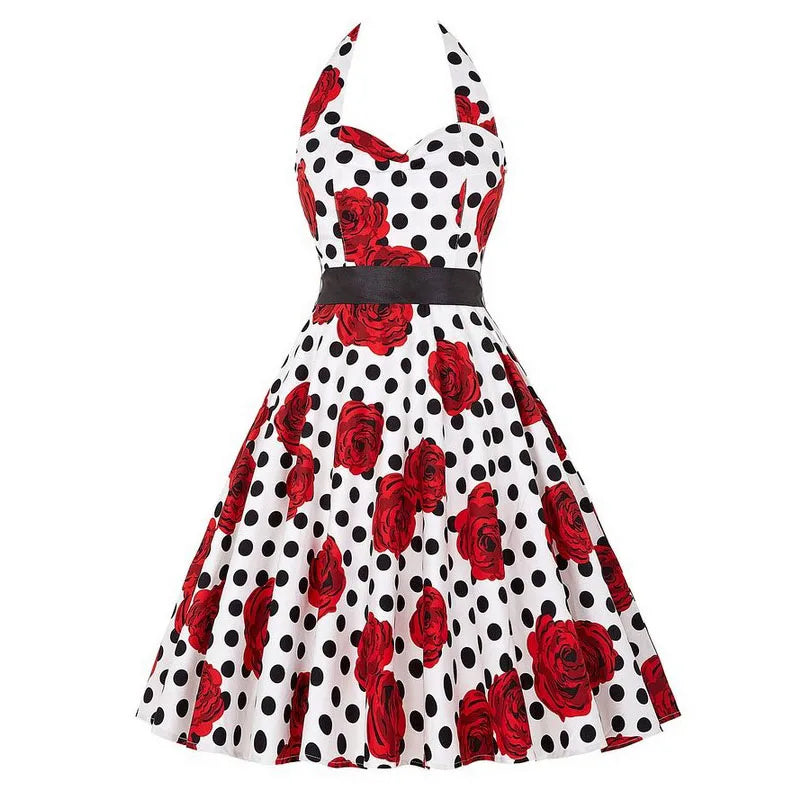 Summer Casual Dress Women  Polka Dot Retro Swing Gown Pin Up Robe Vintage 60s 50s Rockabilly Sundress