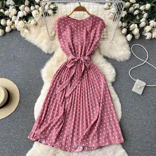 Neploe Summer Gentle Style French Retro Polka Dot Dress Sleeveless Lace Up Slim Waist Thin Vestido Sweet Pleated Femme Robe