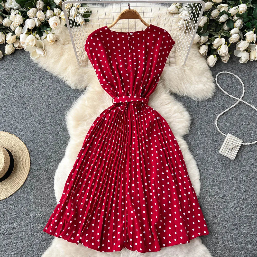 Neploe Summer Gentle Style French Retro Polka Dot Dress Sleeveless Lace Up Slim Waist Thin Vestido Sweet Pleated Femme Robe