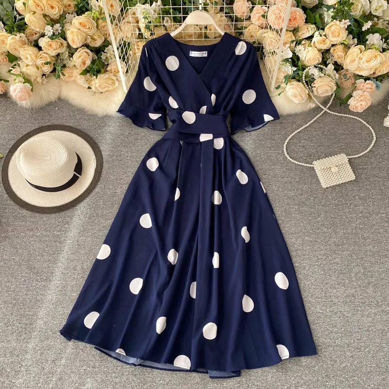 YuooMuoo Chic Fashion Polka Dot Print Women Dress 2025 New Summer Elegant Vintage Bandage Slim Waist Big Swing Long Party Dress
