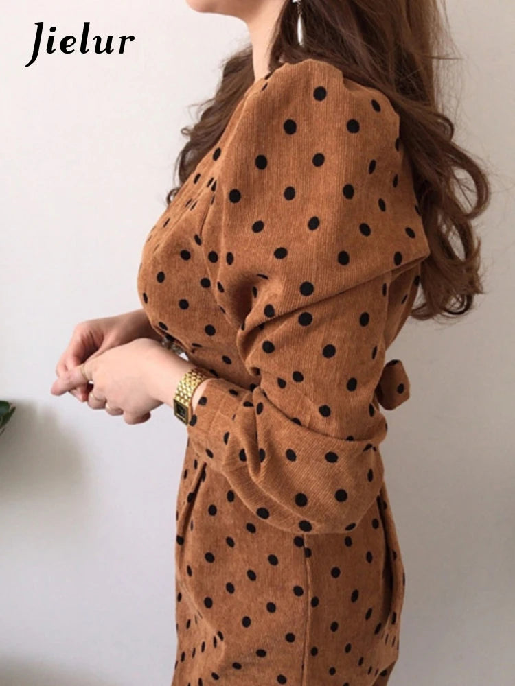 Jielur Vintage Elegant Polka Dot Corduroy Dress Korea Long Sleeves Midi Dresses for Women V-Neck Slim Vestidos Autumn 2022 New