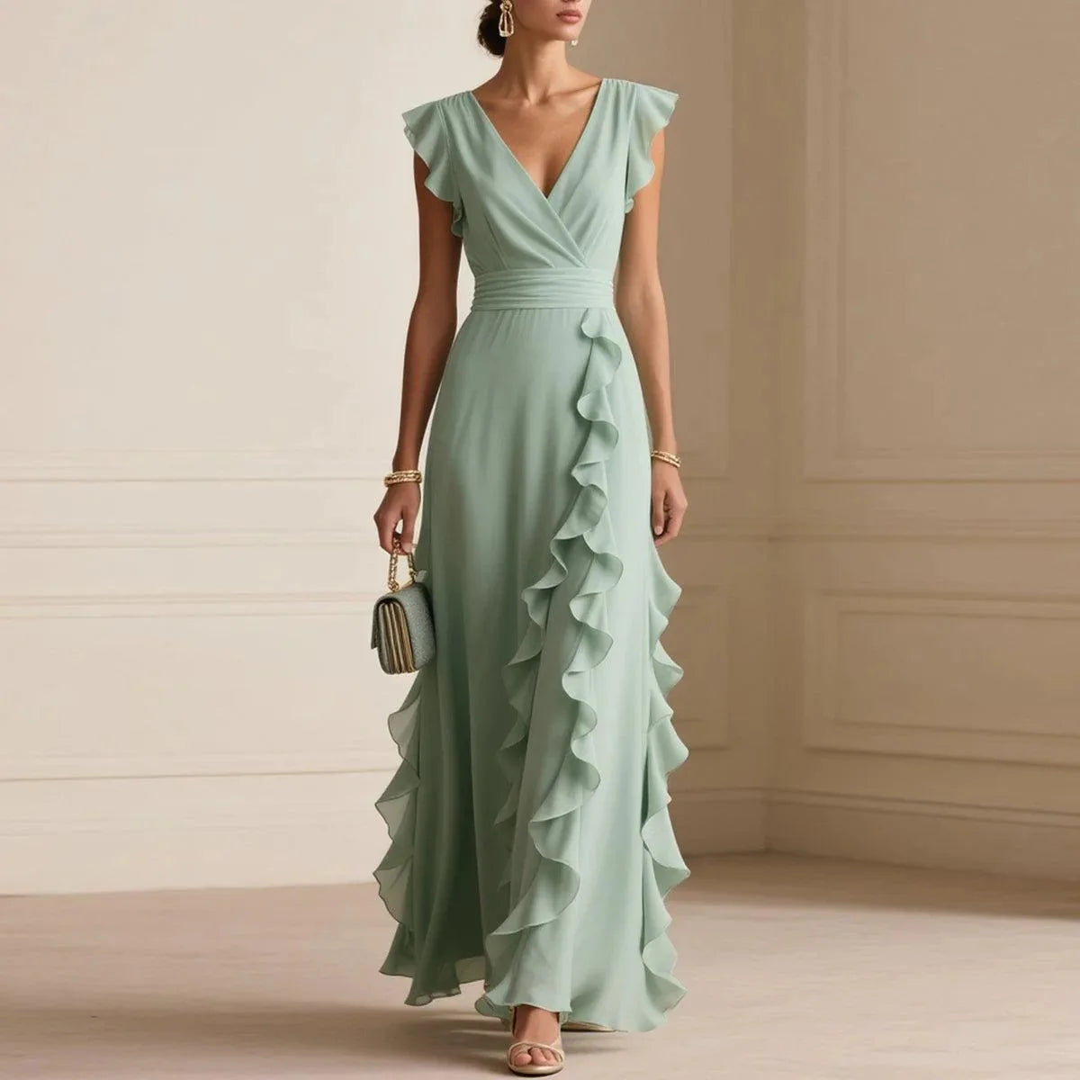 Vestido Largo Elegante de Fiesta con Escote en V