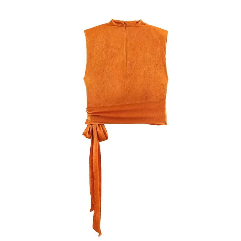 Blusa Satinada Elegante Sin Mangas con Lazo Largo