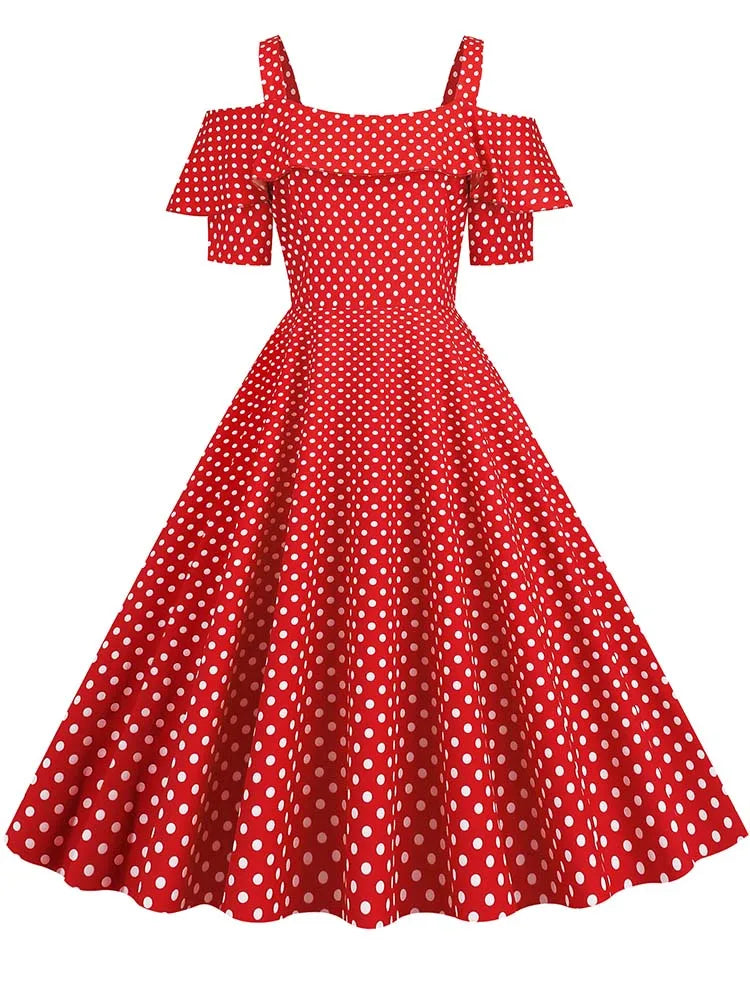 Off the Shoulder Elegant Vintage Party Dress Women Summer Polka Dot Ruffles A Line Midi Dresses