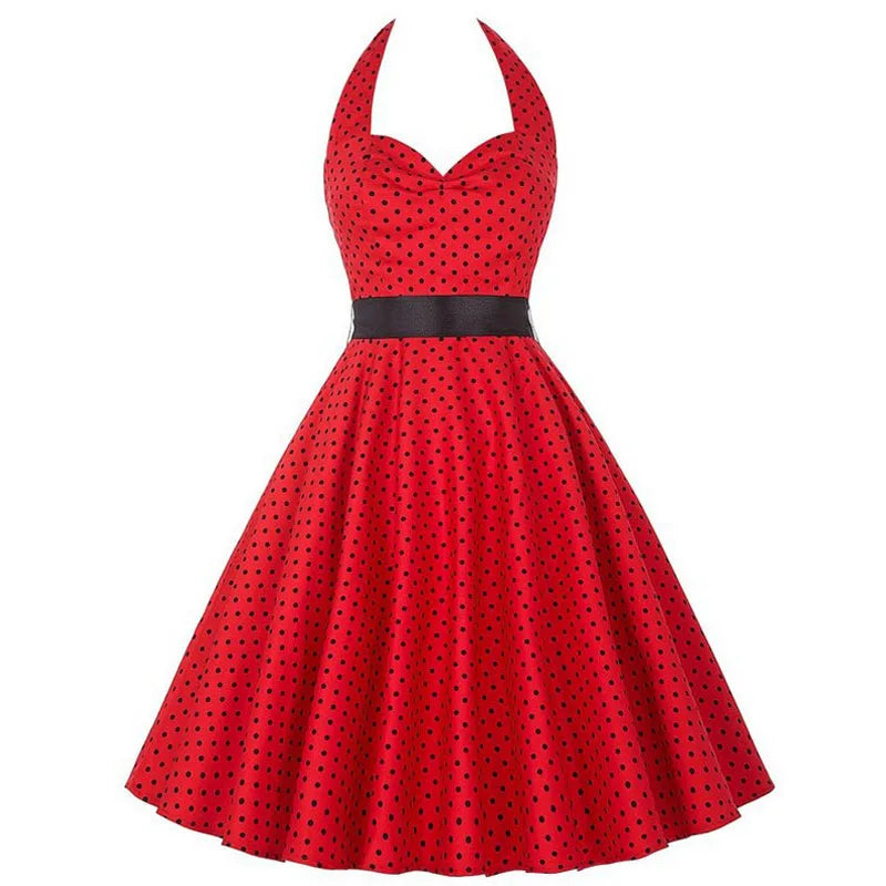 Summer Casual Dress Women  Polka Dot Retro Swing Gown Pin Up Robe Vintage 60s 50s Rockabilly Sundress