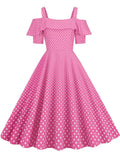 Off the Shoulder Elegant Vintage Party Dress Women Summer Polka Dot Ruffles A Line Midi Dresses