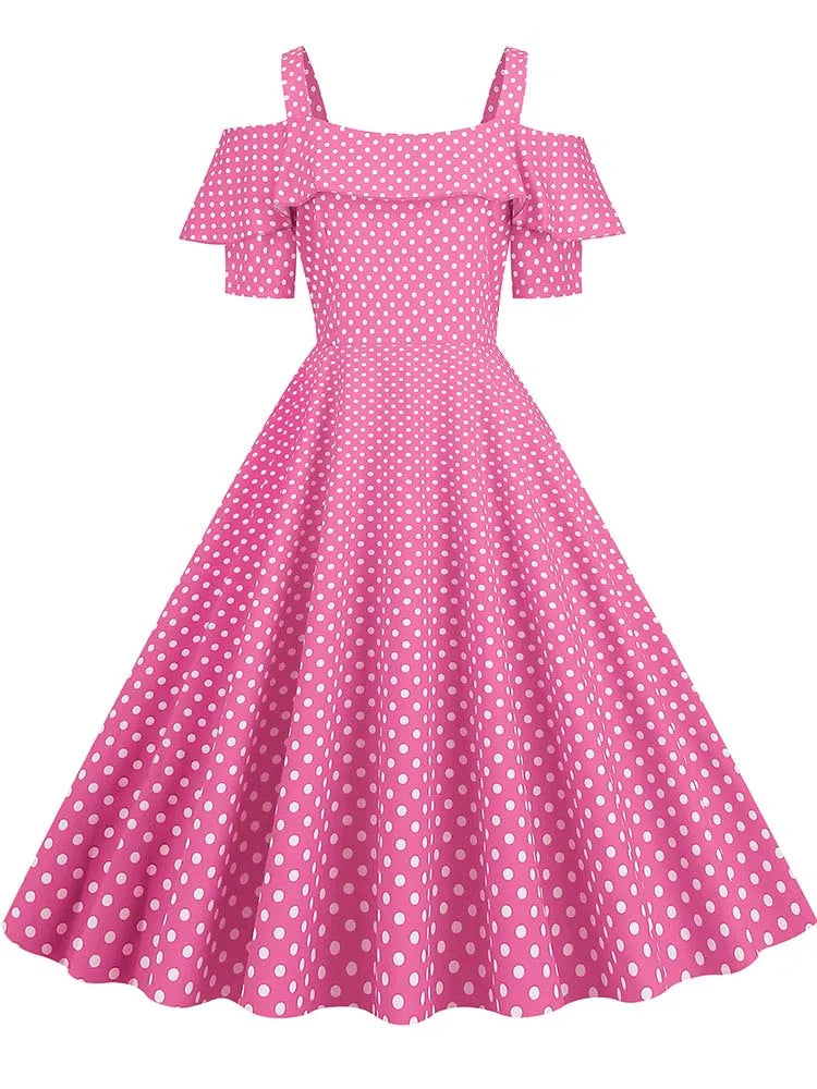Off the Shoulder Elegant Vintage Party Dress Women Summer Polka Dot Ruffles A Line Midi Dresses