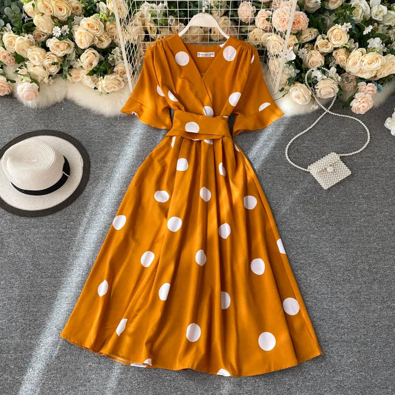 YuooMuoo Chic Fashion Polka Dot Print Women Dress 2025 New Summer Elegant Vintage Bandage Slim Waist Big Swing Long Party Dress