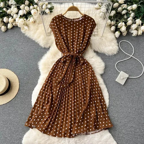 Neploe Summer Gentle Style French Retro Polka Dot Dress Sleeveless Lace Up Slim Waist Thin Vestido Sweet Pleated Femme Robe