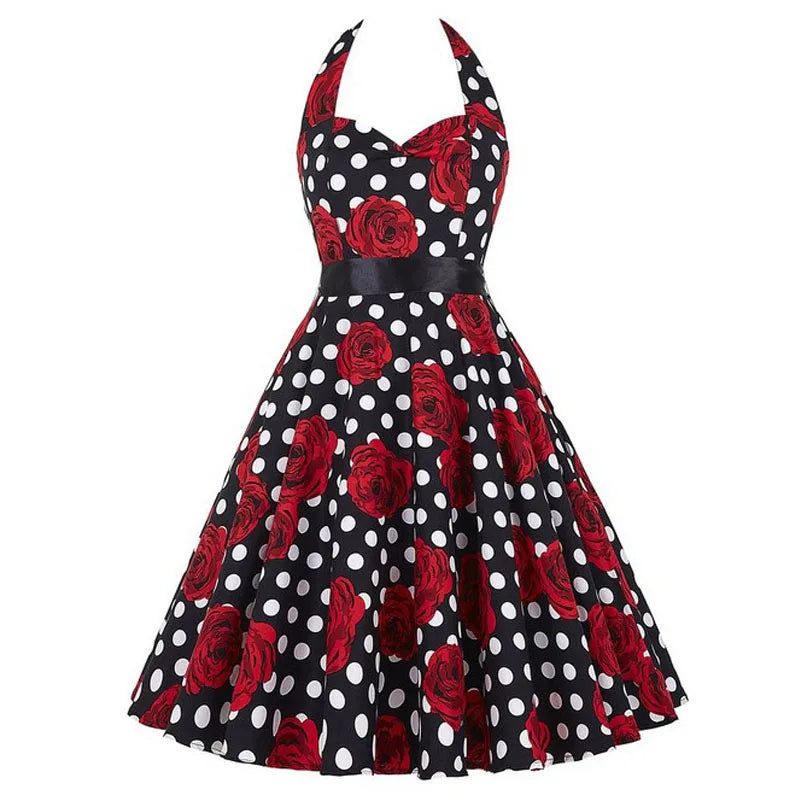 Summer Casual Dress Women  Polka Dot Retro Swing Gown Pin Up Robe Vintage 60s 50s Rockabilly Sundress