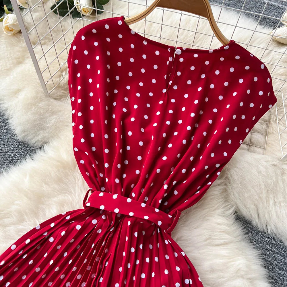 Neploe Summer Gentle Style French Retro Polka Dot Dress Sleeveless Lace Up Slim Waist Thin Vestido Sweet Pleated Femme Robe