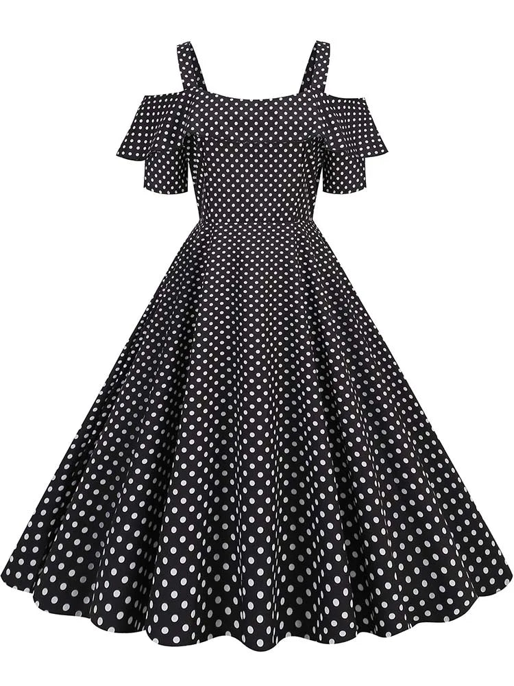 Off the Shoulder Elegant Vintage Party Dress Women Summer Polka Dot Ruffles A Line Midi Dresses