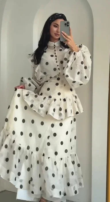 Women Casual Polka Dot Dress Chic Stand Collar Puff Sleeves See Through Ruffle Maxi Vestidos 2026 New Lady Vacation Party Wears