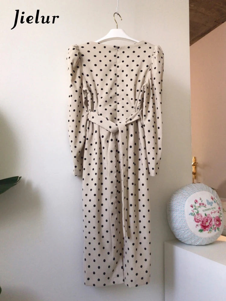 Jielur Vintage Elegant Polka Dot Corduroy Dress Korea Long Sleeves Midi Dresses for Women V-Neck Slim Vestidos Autumn 2022 New