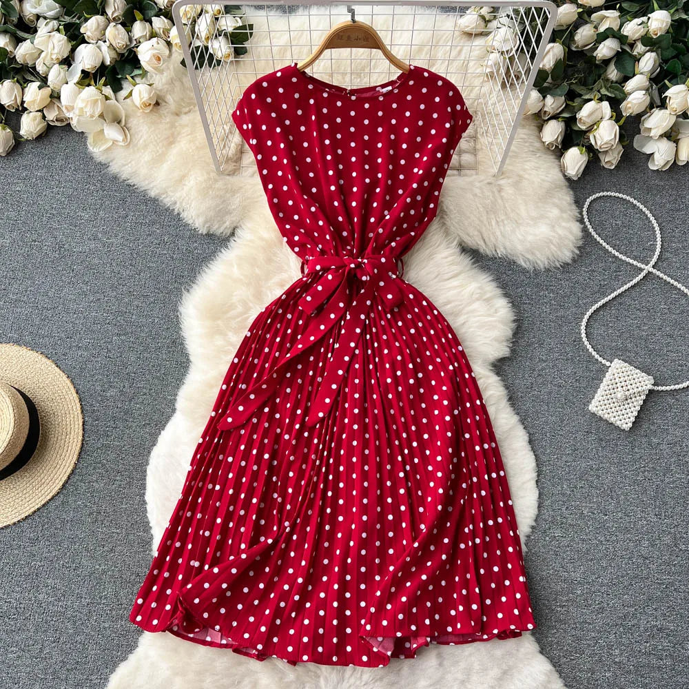 Neploe Summer Gentle Style French Retro Polka Dot Dress Sleeveless Lace Up Slim Waist Thin Vestido Sweet Pleated Femme Robe