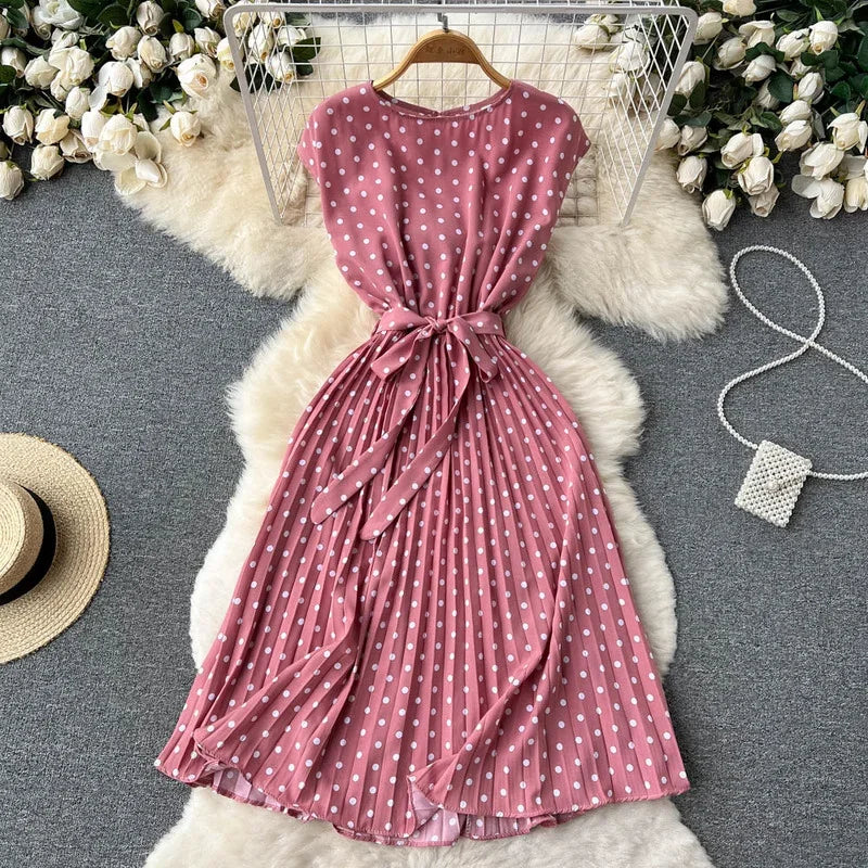 Neploe Summer Gentle Style French Retro Polka Dot Dress Sleeveless Lace Up Slim Waist Thin Vestido Sweet Pleated Femme Robe