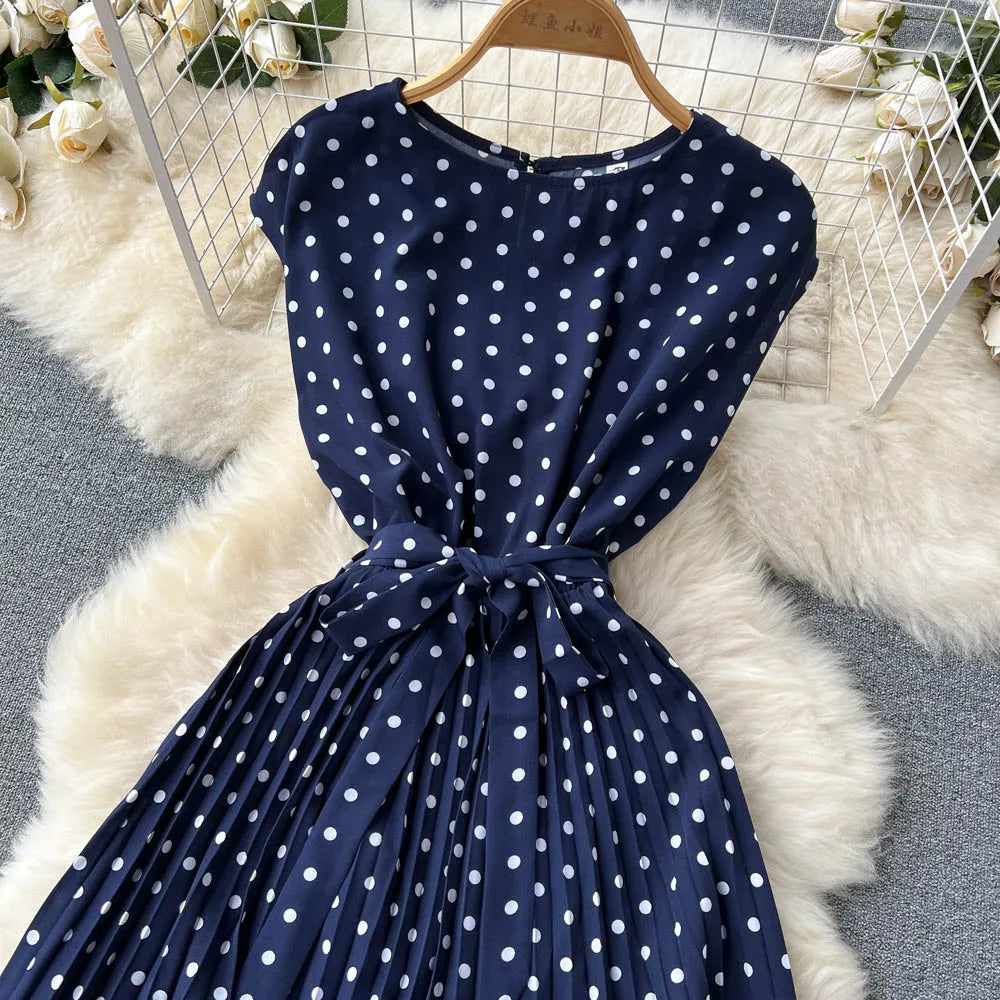 Neploe Summer Gentle Style French Retro Polka Dot Dress Sleeveless Lace Up Slim Waist Thin Vestido Sweet Pleated Femme Robe