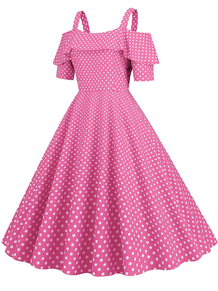 Off the Shoulder Elegant Vintage Party Dress Women Summer Polka Dot Ruffles A Line Midi Dresses