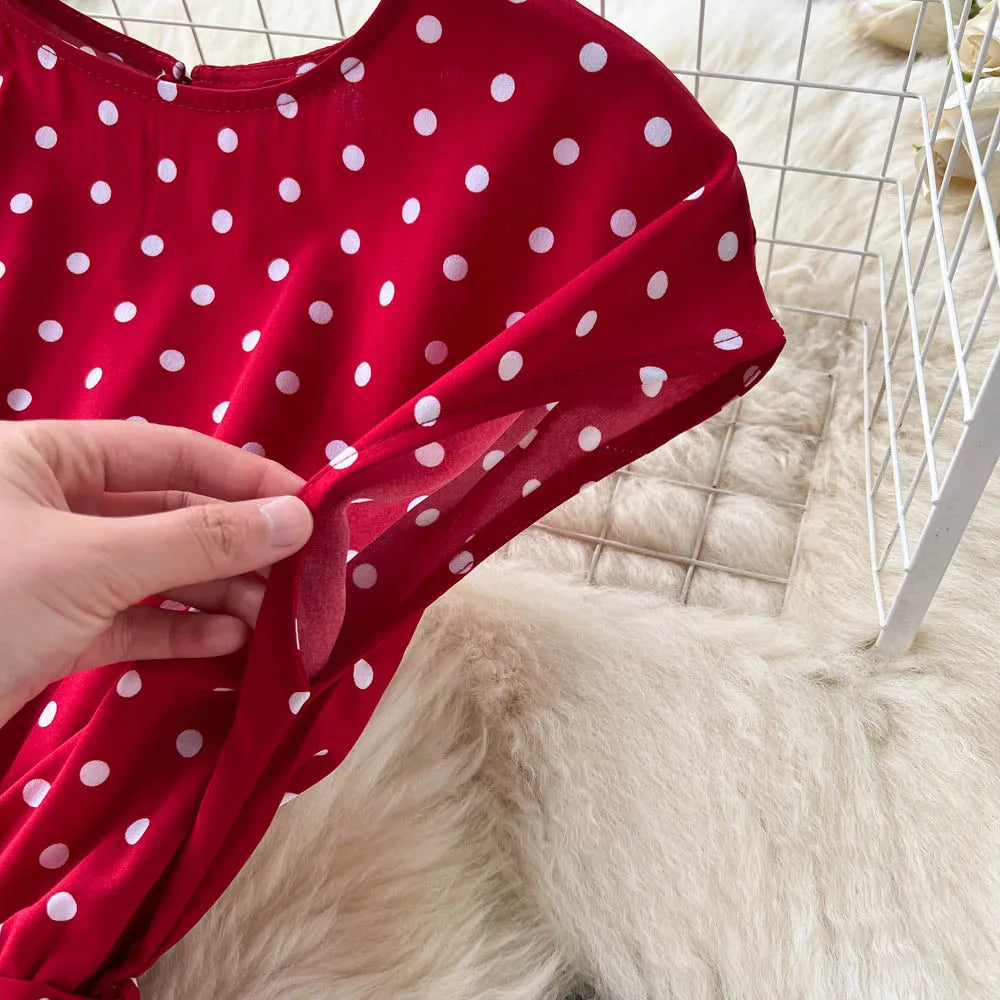 Neploe Summer Gentle Style French Retro Polka Dot Dress Sleeveless Lace Up Slim Waist Thin Vestido Sweet Pleated Femme Robe