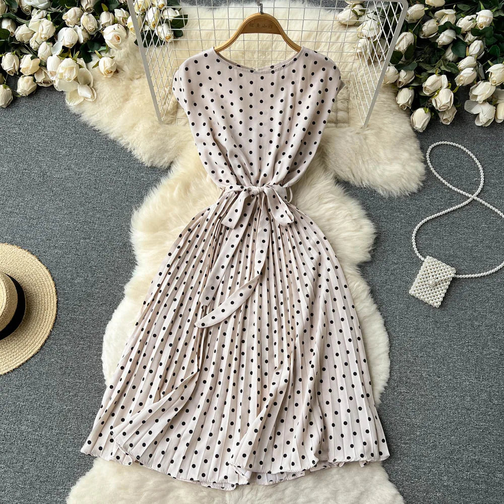 Neploe Summer Gentle Style French Retro Polka Dot Dress Sleeveless Lace Up Slim Waist Thin Vestido Sweet Pleated Femme Robe