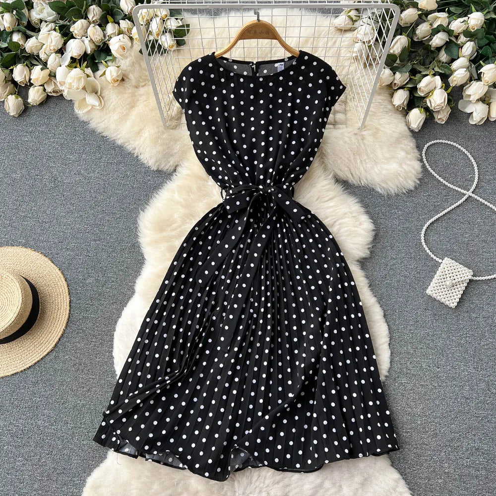 Neploe Summer Gentle Style French Retro Polka Dot Dress Sleeveless Lace Up Slim Waist Thin Vestido Sweet Pleated Femme Robe
