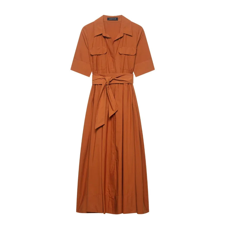 Vestido Largo Khaki Elegante para Mujer – Corte A-Line, Manga Corta y Cintura Ajustada | Moda Verano/Otoño 2026