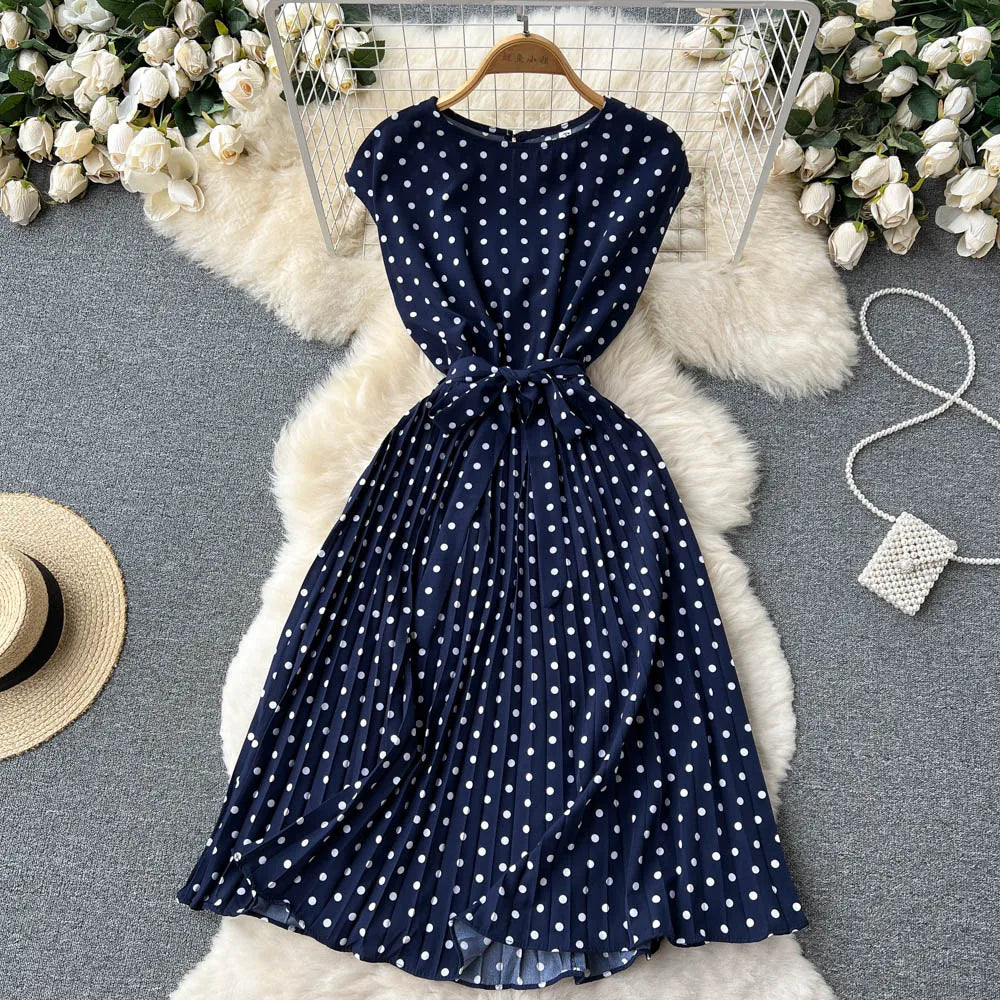 Neploe Summer Gentle Style French Retro Polka Dot Dress Sleeveless Lace Up Slim Waist Thin Vestido Sweet Pleated Femme Robe