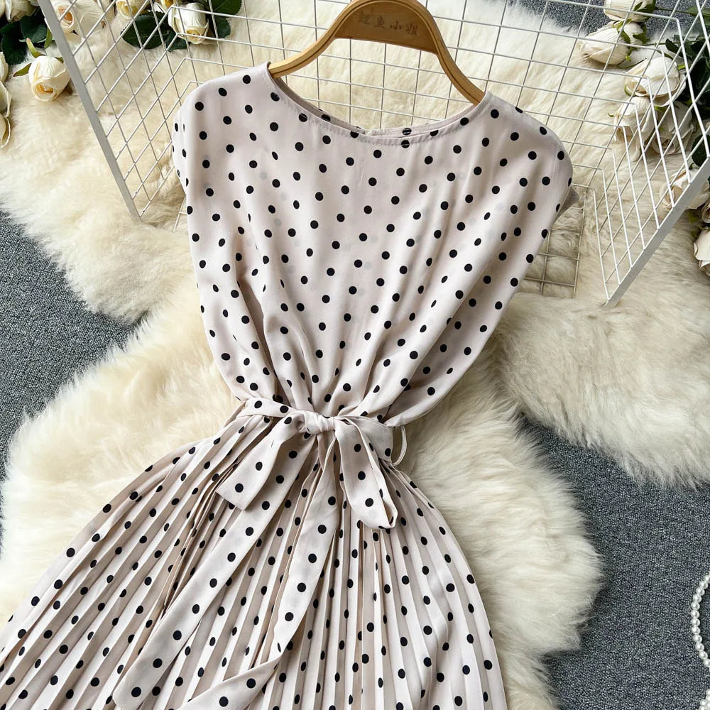 Neploe Summer Gentle Style French Retro Polka Dot Dress Sleeveless Lace Up Slim Waist Thin Vestido Sweet Pleated Femme Robe