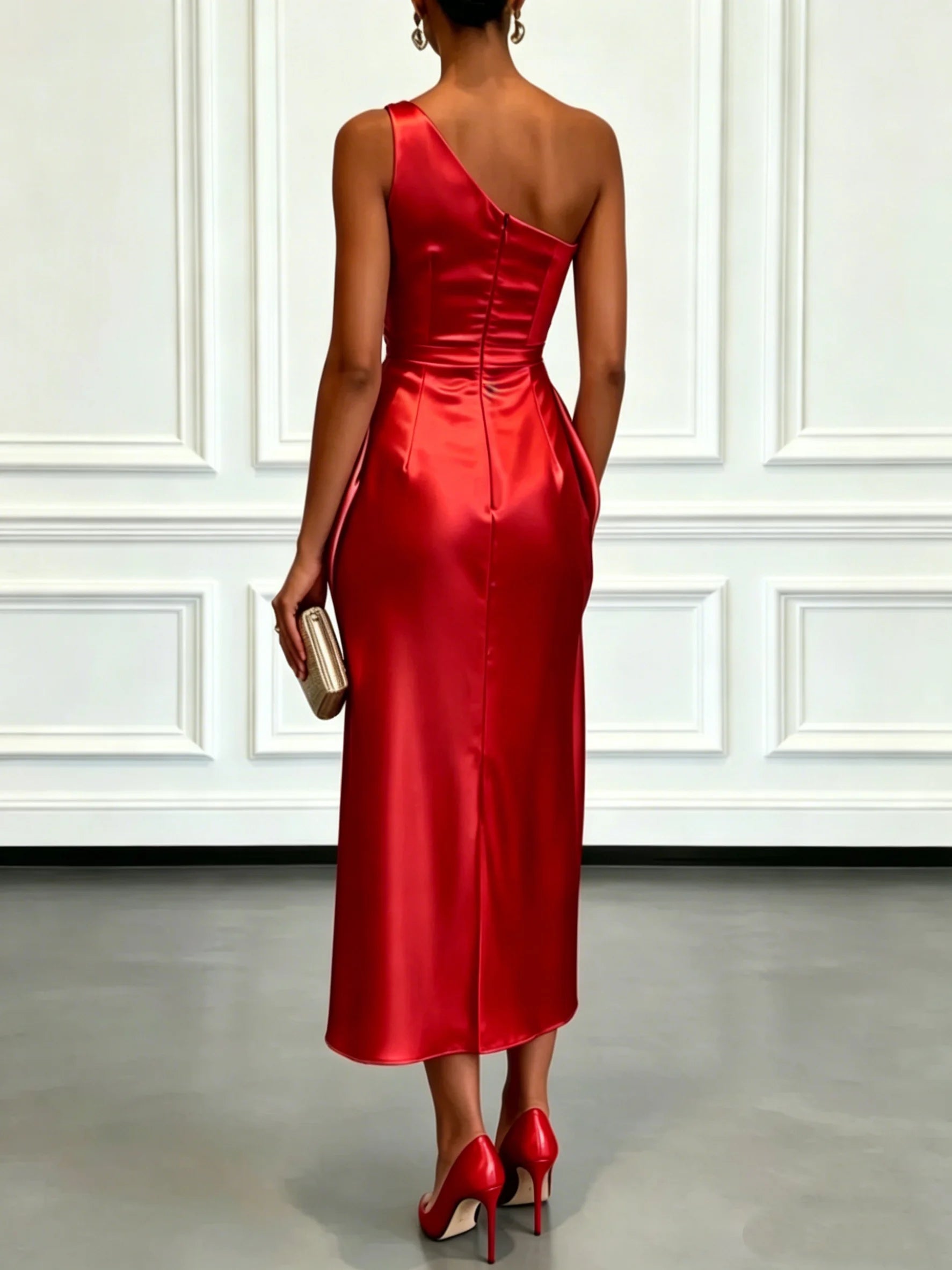 Vestido Midi de Satén con Un Hombro y Cintura Fruncida