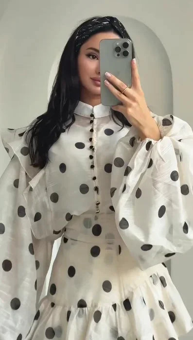 Women Casual Polka Dot Dress Chic Stand Collar Puff Sleeves See Through Ruffle Maxi Vestidos 2026 New Lady Vacation Party Wears